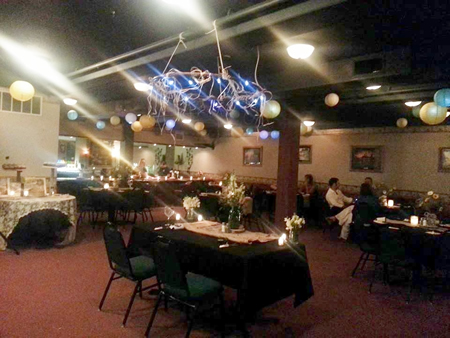Banquet room decorated for a wedding